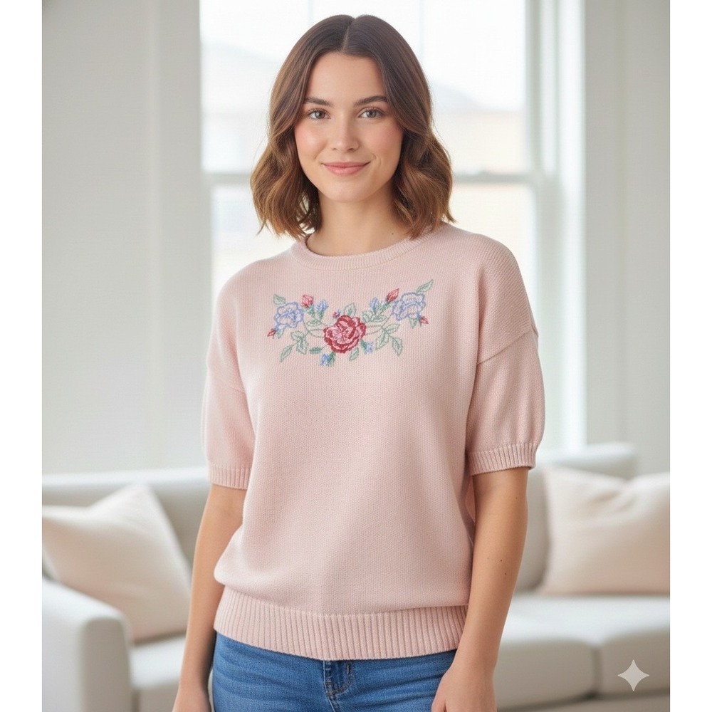 Vintage Jaclyn Smith Sweater Women Medium Pink Floral Embroidered Grannycore